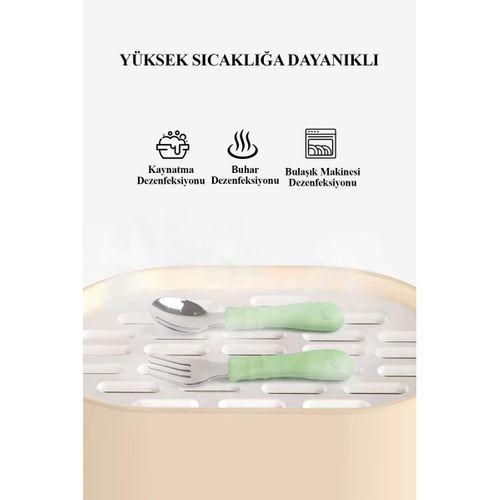 Silikon Saplı Paslanmaz Çelik Bebek Kaşık Çatal Seti Mavi