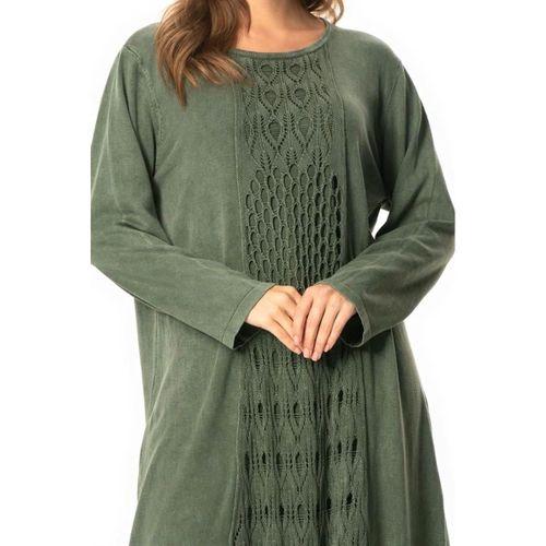 Uzun Kol Sena Etnik Desenli Sonbahar ve Kışlık Uzun Triko Elbise Haki Hk