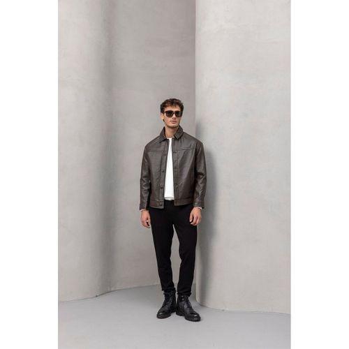 Denzel Düğmeli Yan Cepli Deri Görünümlü Erkek Ceket - Kahve