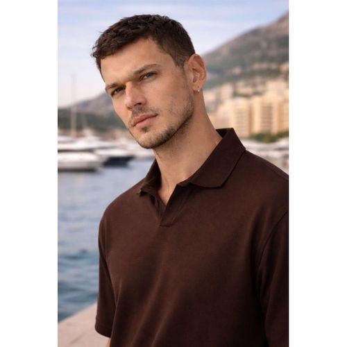 Leodes Waffle Kumaş Polo Yaka Relaxed Fit Düğmesiz Erkek T-Shirt - Kahve