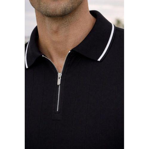 Jared Yakası Şeritli Dik Çizgili Yarım Fermuar İnce Triko Erkek T-Shirt - Siyah