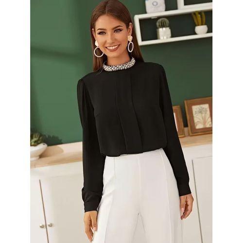 Kadın Uzun Kollu Taş Yaka Detaylı Ithal Krep Bluz