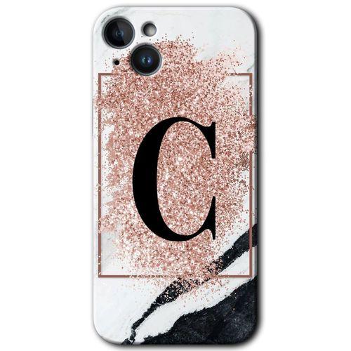 iPhone 14 HD Baskılı Kılıf + 9D Tam Ekran Koruyucu - Pembe Mermer Desenli C Harfi