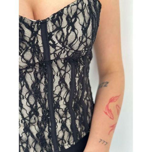 Fermuarlı Dantel Korse Straplez Bustiyer Transparan Şık Top - Bej