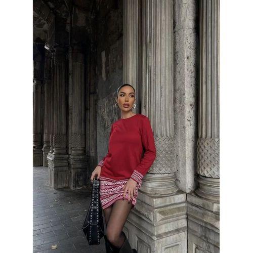 Pilelistore Kadın Uzun Kollu Bisiklet Yaka Kol Ağzı Ve Etek Ucu Baskılı Iki Iplik Elbise