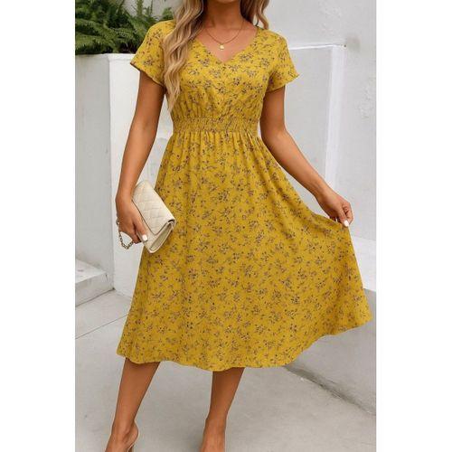 Kadın Kısa Kollu Kruvaze Yaka Beli Lastikli çiçek Desenli Elbise