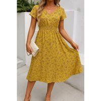 Kadın Kısa Kollu Kruvaze Yaka Beli Lastikli çiçek Desenli Elbise
