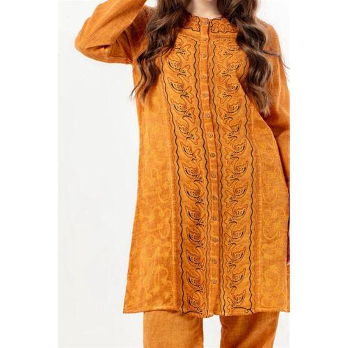 Uzun Katlanabilir Kol İnka Düğmeli Yazlık Otantik Nakışlı Poplin Tunik Hardal Hrd