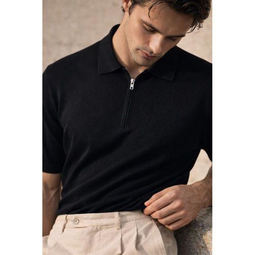 Linus Fermuarlı Polo Yaka Kısa Kollu İnce Triko Erkek T-Shirt - Siyah