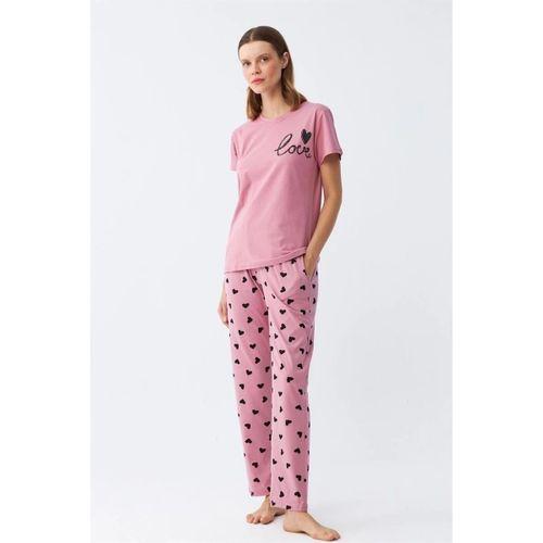 Kadın Somon Kalp Desenli Kısa Kollu Penye Pijama Takımı
