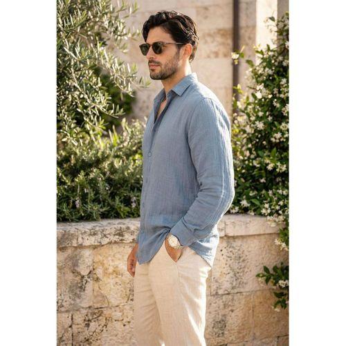 Nefes Alabilir Yarım Oversize Müslin Kumaş Uzun Kol Yakalı Erkek Gömlek - Soğuk Mavi