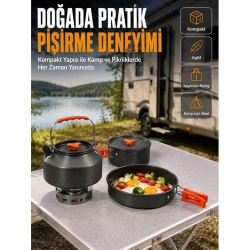Alüminyum Kamp Pişirme Seti Katlanabilir Kulplu Çaydanlık Tencere Tava Outdoor Yemek Seti