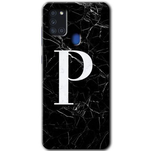 Potkal Hediye Fabrikası Samsung Galaxy A21s Kılıf HD Desen Baskılı Arka Kapak - Siyah Mermer Desenli P Harfi