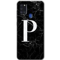 Potkal Hediye Fabrikası Samsung Galaxy A21s Kılıf HD Desen Baskılı Arka Kapak - Siyah Mermer Desenli P Harfi