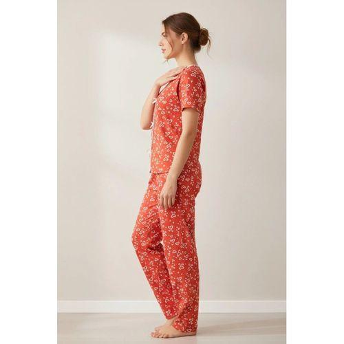 Kadın Turuncu Kalp Desenli Fiyonk Detaylı Kısa Kollu Uzun Pijama Takımı Premium Ev Giyim