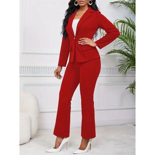 Kadın Uzun Kollu Yakalı Tek Düğme Detaylı Astarlı Ithal Krep Ceket Ve Pantolon Ikili Takım