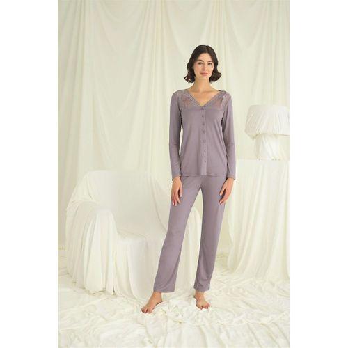 Yakası Kolu Ve Omzu Dantelli Boydan Düğmeli Pijama Takımı