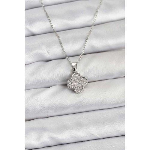 316L Çelik Zincir Gümüş Renk Zirkon Taşlı Yonca Model Kadın Kolye