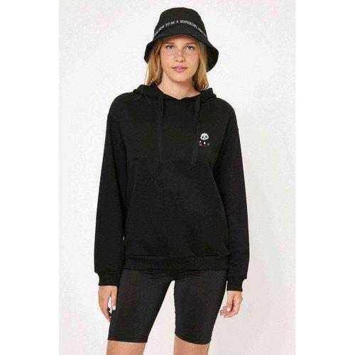 Panda Göğüs Baskılı Siyah Kadın Kapşonlu Sweatshirt