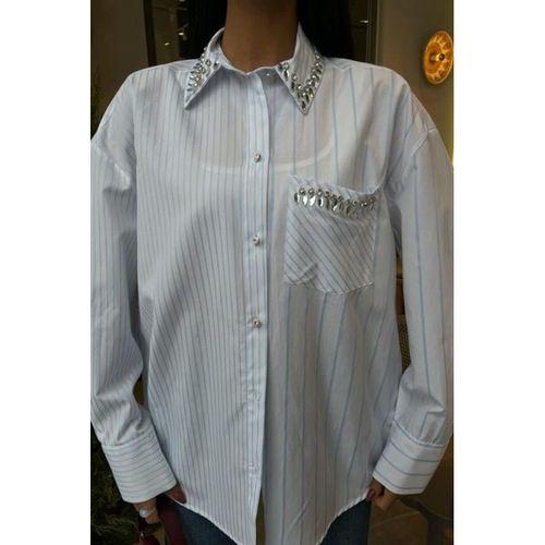 Yaka Ve Cebi Taşlı Çizgili Over Gömlek 3406