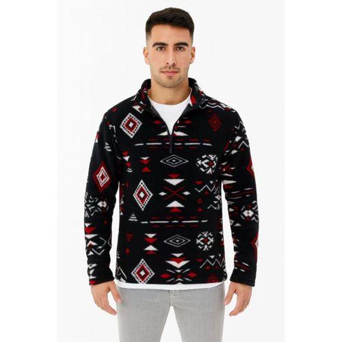 Erkek Yarım Fermuarlı Desenli Polar Sweat Tribal Etnik Desen Yakalı, Uzun Kollu, Oversize Rahat Kalıp, - Siyah