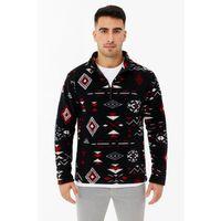 Erkek Yarım Fermuarlı Desenli Polar Sweat Tribal Etnik Desen Yakalı, Uzun Kollu, Oversize Rahat Kalıp, - Siyah