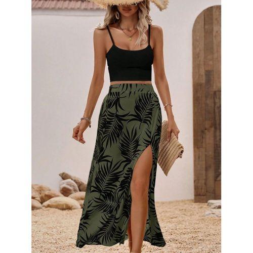 Kadın Ip Askılı Yuvarlak Yaka Kısa Viskon Bluz Ve Desenli Yırtmaçlı Süprem Etek Ikili Takım