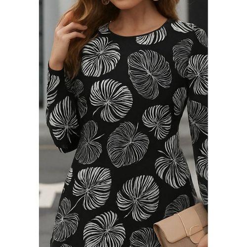 Kadın Uzun Kollu Bisiklet Yaka Desenli Kısa Krep Elbise