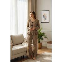 Kadın Leopar Desenli Fiyonk Detaylı Uzun Kollu Ev Giyim Pijama Takımı Premium Homewear