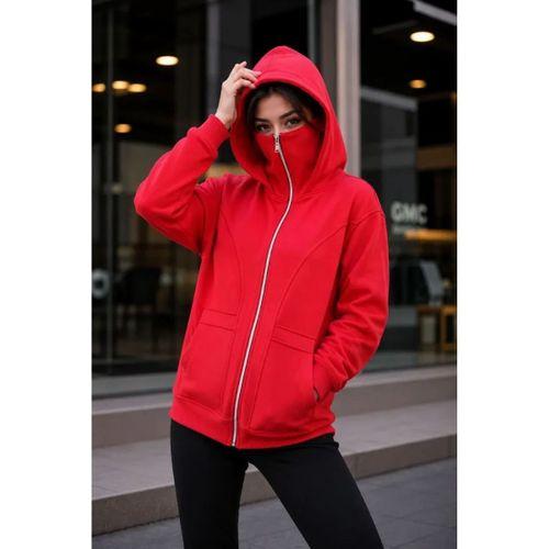 Maskeli Ninja Model Çift Kapüşonlu 3 İplik Şardonlu Fermuarlı Oversize Sweatshirt - Kırmızı