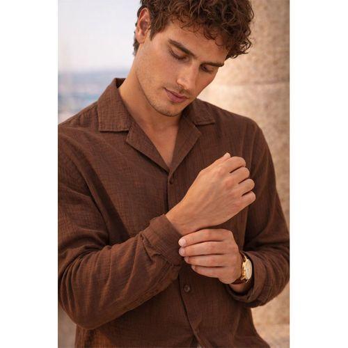 Apaş Yaka Oversize Müslin Kumaş Gömlek - Kahve