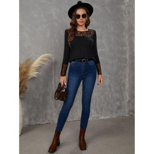 Kadın Uzun Kollu Bisiklet Yaka Dantel Detaylı Burgu Bluz