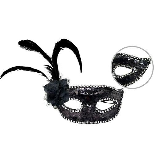 Siyah Renk Yandan Tüylü Güllü Gümüş Taşlı Pullu Maske 20x22 Cm - Lisinya