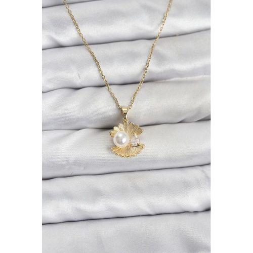 316L Çelik Zincir Gold Renk İstiridye İnci Model Zirkon Taşlı Kadın Kolye