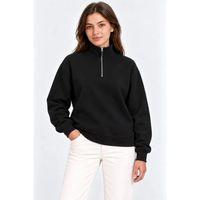 Üç İplik İçi Şardonlu Dik Yaka Yarım Fermuarlı Kışlık Sweatshirt - Siyah