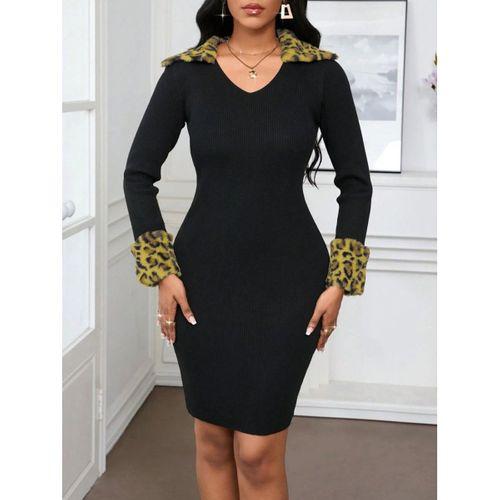 Kadın Uzun Kollu V Yakalı Kürk Detaylı Kaşkorse Elbise