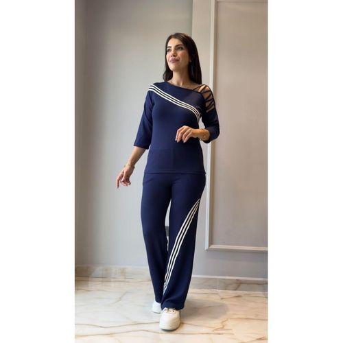 Kadın Uzun Kollu Truvakar Kol Tek Omuz çapraz şerit Detaylı Ribanalı Viskon Iki Iplik Bluz Ve Pantolon Ikili Takım