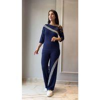 Kadın Uzun Kollu Truvakar Kol Tek Omuz çapraz şerit Detaylı Ribanalı Viskon Iki Iplik Bluz Ve Pantolon Ikili Takım
