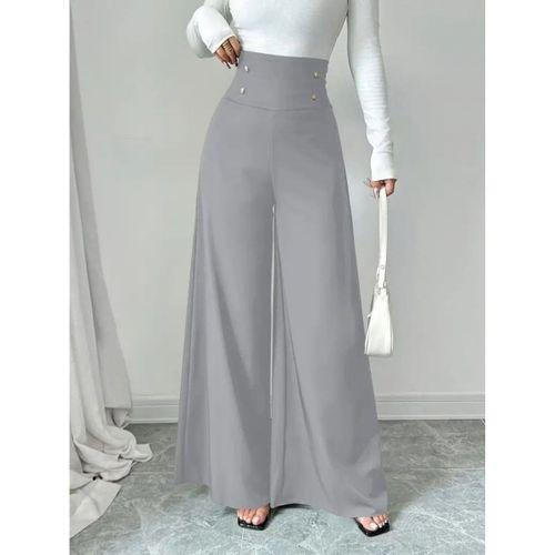 Kadın Yüksek Bel Düğmeli Geniş Paçalı Ithal Krep Pantolon