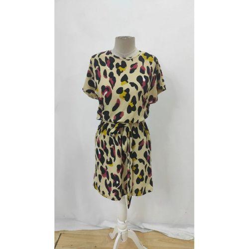 Kadın Kısa Kollu Yuvarlak Yaka Beli Kuşaklı Geometrik Desenli Süprem Elbise