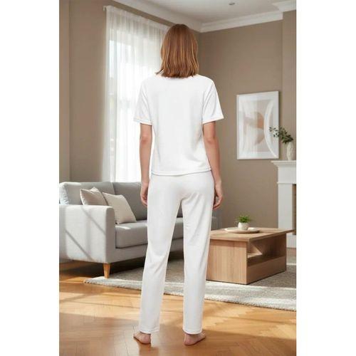 Özel Tasarım Kadın Beyaz Polo Yaka Pijama Takımı %100 Pamuk