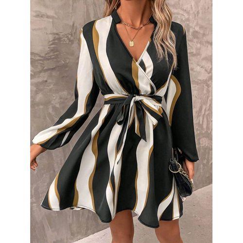Kadın Uzun Kollu Kruvaze Yakalı Desenli Modal Mini Elbise