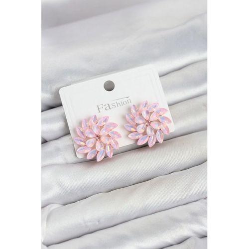 Pembe Renk Kristal Taşlı Çiçek Model Kadın Küpe