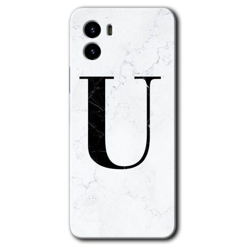Vivo Y15s Kılıf HD Desen Baskılı Arka Kapak - Beyaz Mermer Desenli U Harfi + Kırılmaz Cam