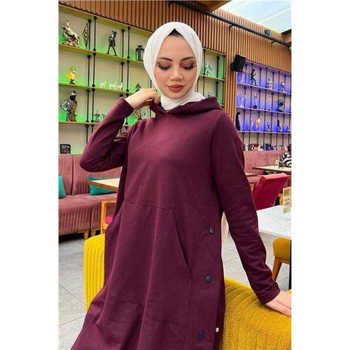 Kapşonlu Yandat Çıtçıtlı Sade Basic Uzun Tunik ve Pantolon İkili Spor Takım - 03071.020 - Mürdüm