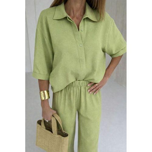 Kadın Krep Kumaş Gömlek Ve Ispanyol Paça Pantolon Ikili Takım