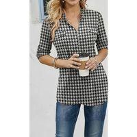 Kadın Uzun Kollu Hakim Yaka Yakadan Fermuarlı Geometrik Desenli Süprem Bluz