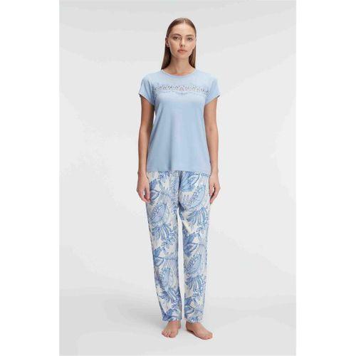 Kısa Kol Bisiklet Yaka Kadın Viskon Çiçek Desenli Yazlık Örme Dantel Detaylı Pijama Takımı