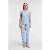 Kısa Kol Bisiklet Yaka Kadın Viskon Çiçek Desenli Yazlık Örme Dantel Detaylı Pijama Takımı