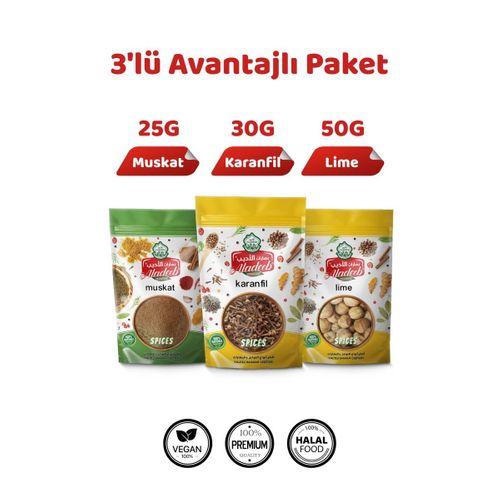 3'lü Gurme Baharat Seti Kurutulmuş Limon (Lime) 50g Muskat 25g Tane Karanfil 30g